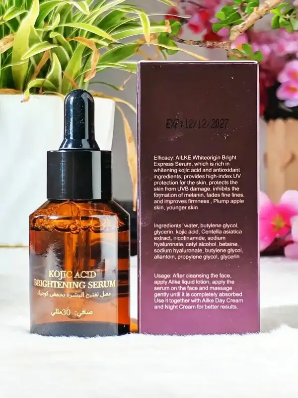 Brand: Ailke Kojic  Product Type : Serum Made In: P.R.C Skin Type: All typeof skin. Skin Concern: Brightening Skin Skin Feel: Lightweight, Hydrating, Dark Sport Size: 30ml Back