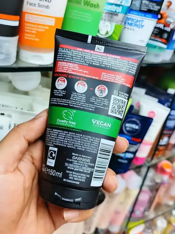 Garnier Pure Active BHA Charcoal Anti Blackhead 3 in 1 Face Wash Scrub Mask 150ml Back